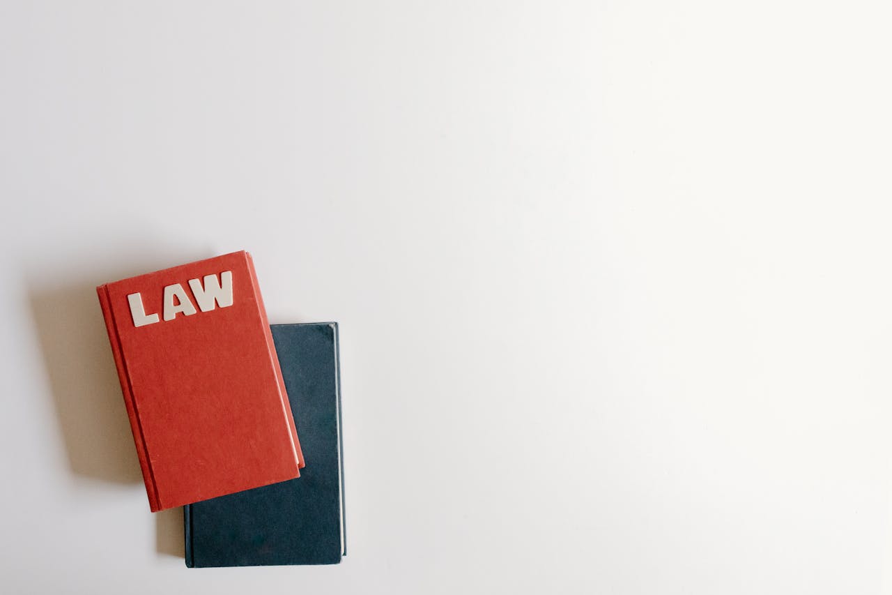 services-03 Flat lay of a red law book and a blue book on a white background, perfect for legal themes.